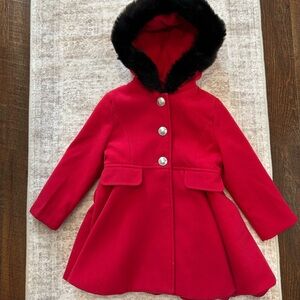 Rothschild Red Hooded Coat with Black Faux Fur Trim